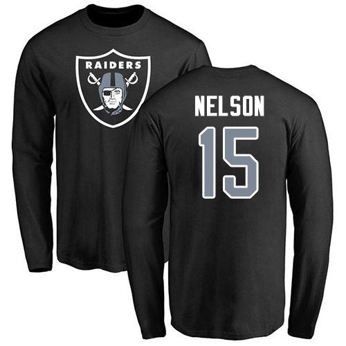 Men Oakland Raiders Olive J  J  Nelson Name and Number Logo NFL Football #15 Long Sleeve T Shirt->oakland raiders->NFL Jersey